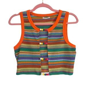 Victoria Jewels Striped Knit Cropped Orange Trim Beaded summer Top M/L